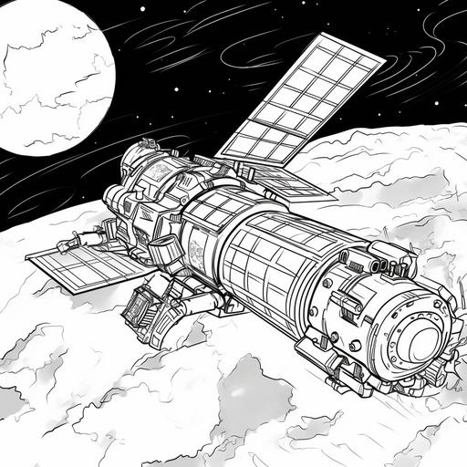 kids coloring page space satellite cartoon style thick lines low detail no shading
