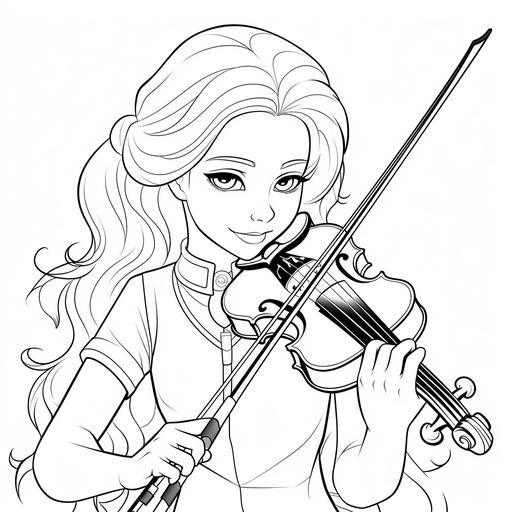 kids coloring page young girl playing a violin cartoon style thick lines no shading low details