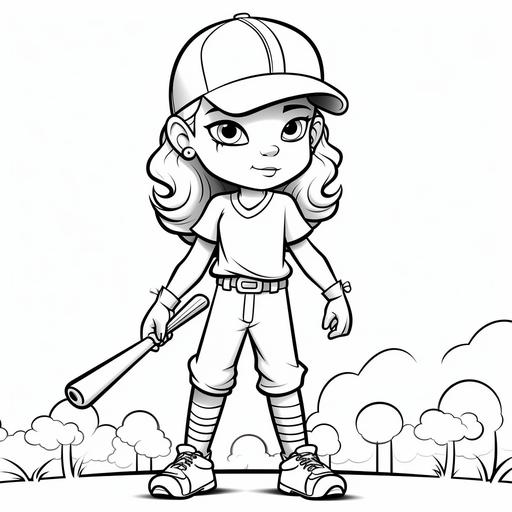 kids coloring page young lady baseball player cartoon style thick lines no shading low details