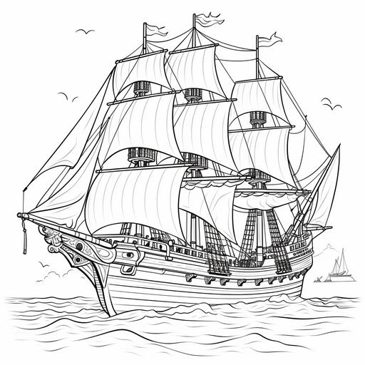 kids colouring page, cartoon style, pirate ship, thick lines, low detail, no shading, no shadows, ar 9:11