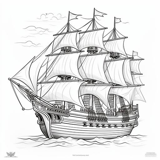 kids colouring page, cartoon style, pirate ship, thick lines, low detail, no shading, no shadows, ar 9:11