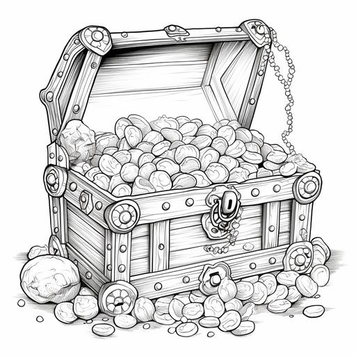 kids colouring page, cartoon style, pirate treasure chest with gold and jewels, thick lines, low detail, no shading, no shadows, ar 9:11