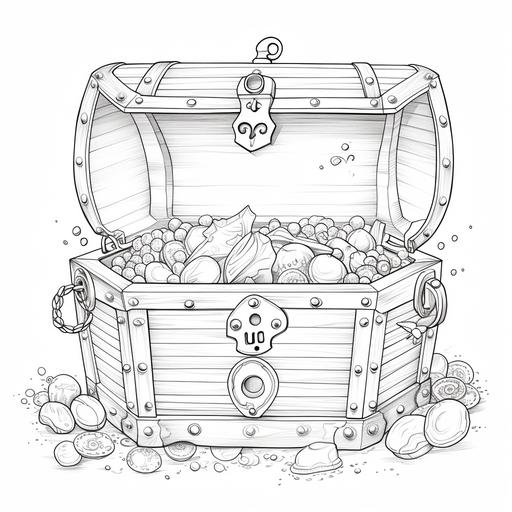 kids colouring page, cartoon style, pirate treasure chest with gold and jewels, thick lines, low detail, no shading, no shadows, ar 9:11