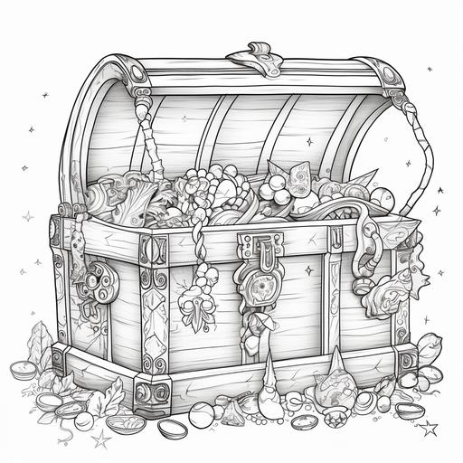 kids colouring page, cartoon style, pirate treasure chest with gold and jewels, thick lines, low detail, no shading, no shadows, ar 9:11