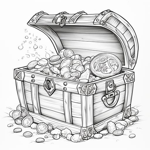 kids colouring page, cartoon style, pirate treasure chest with gold and jewels, thick lines, low detail, no shading, no shadows, ar 9:11