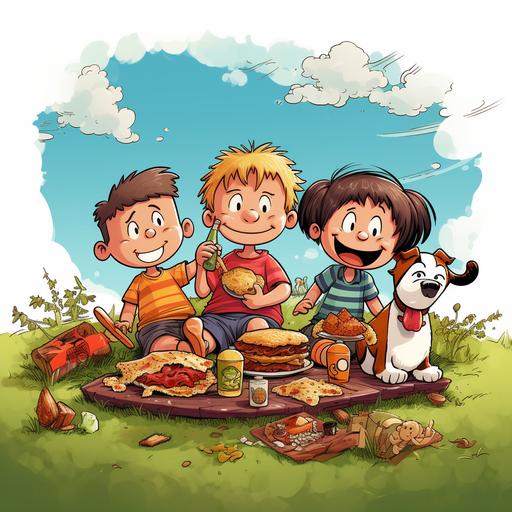 kids having a picnic on a steak, cartoon style, calvin and hobbes style