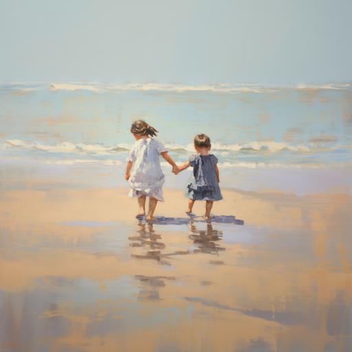 kids holding hands on the beach, impressionism, fine art painting, small, thin, yet visible brush strokes, neutral dull colors
