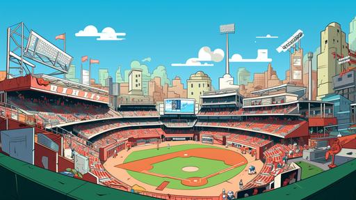 kids illustration, 50% baseball stadium, cartoon style, thick lines, low detail, vivid color --ar 16:9