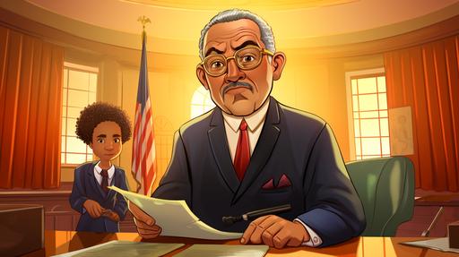 kids illustration, A Child's Guide to Thurgood Marshall, Supreme Court Judge, cartoon style, thick lines, high detail, vivid color, --ar 16:9