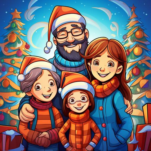 kids illustration, Christmas kids and parents images, cartoon style, thick lines, low detail, vivid color ar 9:11