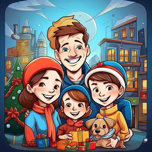 kids illustration, Christmas kids and parents images, cartoon style, thick lines, low detail, vivid color ar 9:11