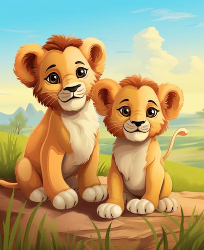 kids illustration, baby lions with safari background, cartoon style, thick lines, low detail, vivid color --ar 9:11