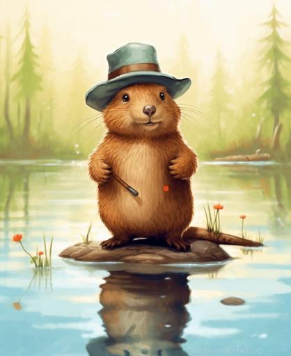 kids illustration, beaver at a pond wearing a cowboy hat, cartoon style, vivid color --ar 9:11