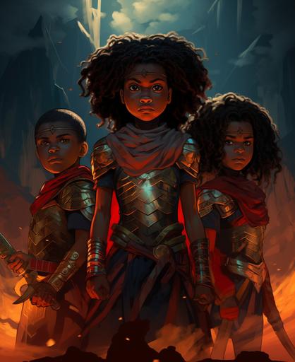 kids illustration, black girls warriors, black boys warriors, cartoon style, thick lines, low details, vivid color, son doong --ar 9:11