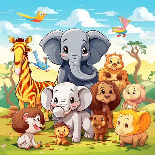 kids illustration, cartoon style, vivid color cartoon zoo animals having fun