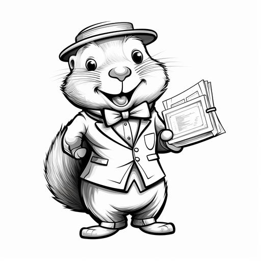 kids illustration, coloring page, cartoon style, black and white, thick lines, a beaver dressed as a movie theater ticket taker