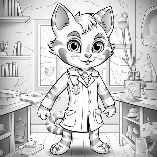 kids illustration, coloring pages for kids, cartoon style, tabby cat dressed as a doctor in a haunted halloween hospital, thick lines, low detail, black and white, no shading ar85:110