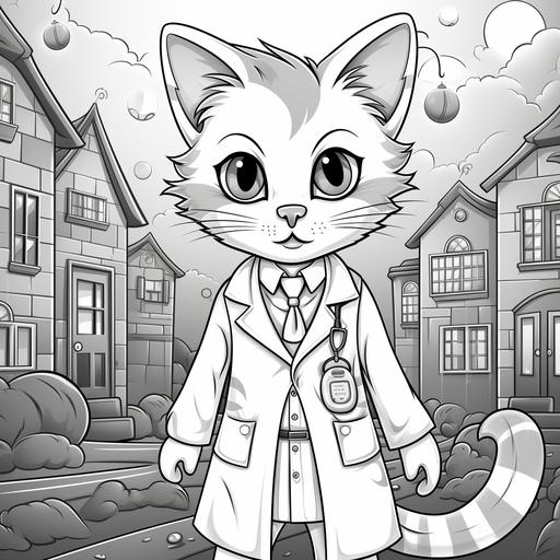kids illustration, coloring pages for kids, cartoon style, tabby cat dressed as a doctor in a haunted halloween hospital, thick lines, low detail, black and white, no shading ar85:110