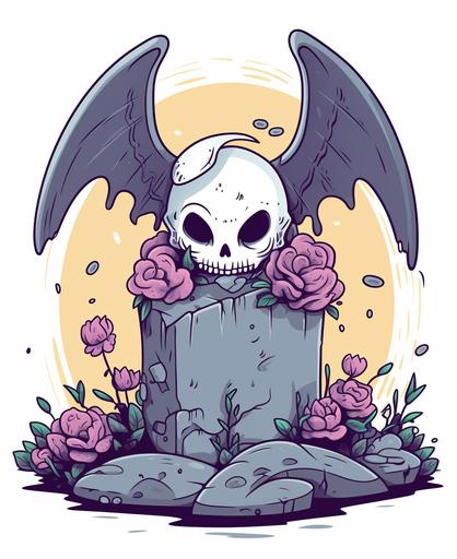 kids illustration, dead fairy with bat wings ontop of a tombstone with crosses on their eyes, cartoon style, thick lines, low deatil, no shading, bright colors, vivid colors --ar 9:11 --v 5