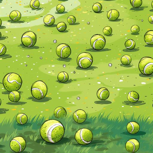 kids illustration end papers, collage of repetitive cartoon tennis balls on a cartoon grass background