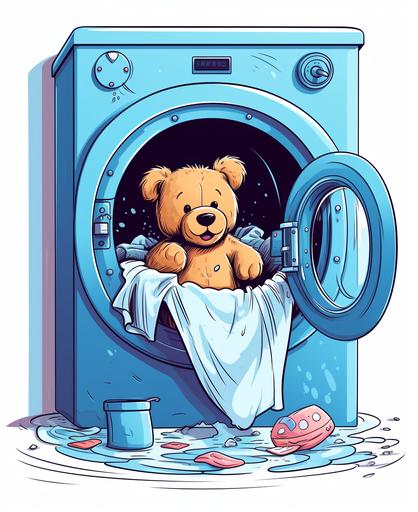 kids illustration, teddy bear tumbling in washing machine, cartoon style, thick lines, low detail, no shading --ar 9:11