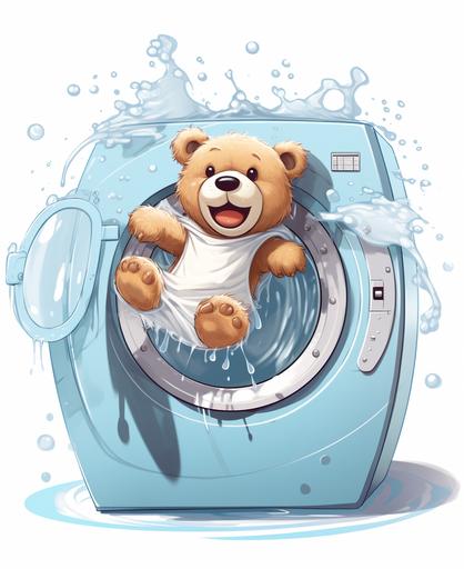 kids illustration, teddy bear tumbling in washing machine, cartoon style, thick lines, low detail, no shading --ar 9:11