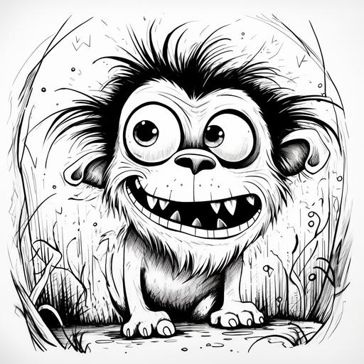kids illustration,cute anime style drawing of a scary creature inspired by a Orangutan,cartoon style,thick lines,low detail,black and white,white background--ar 19:22