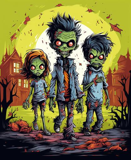 kids illustration,kids in Halloween costumes, zombie, werewolf, cartoon style, thick lines, no shading, vivid color --ar 9:11