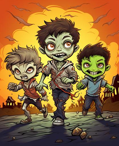 kids illustration,kids in Halloween costumes, zombie, werewolf, cartoon style, thick lines, no shading, vivid color --ar 9:11