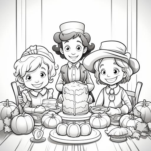 kids illustrations, cartoon pilgrim family sitting around a table enjoying thanksgiving, table full of food coloring page, white page, no shading, no grey, thin lines