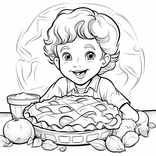 kids illustrations, cartoon whole cherry pie coloring page, no shading, no grey, thin lines