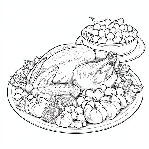 kids illustrations, cooked turkey on a plate ready to eat, coloring page, white page, no shading, no grey, thin lines