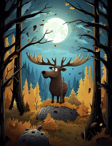 kids illustrations, haloween woods scene, silly moose, thick lines, cartoon style low detail, vivd color --ar 85:110