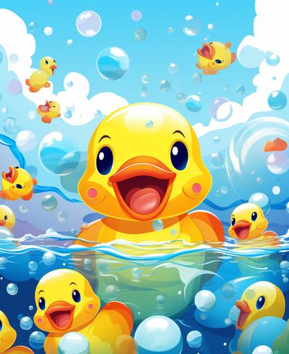 kids illustrations, happy rubber ducks and bubbles, thick lines, vivid color, --ar 9:11