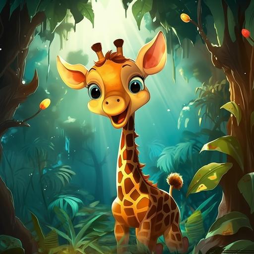 kids illustrations, jungle theme, baby giraffe, vivid colours, animated - ar 9:11
