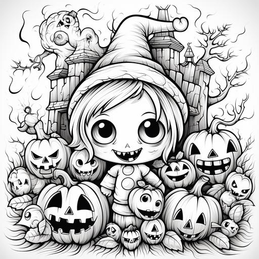 kids illustrations, spooky cute halloween doodle, coloring pages, no shading, no grey
