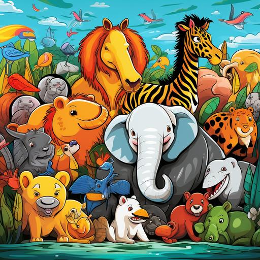 kids illustration,zoo animals ,cartoon style,thick lines,low detail, vivi--d color ar 9:11