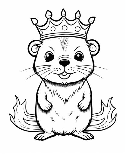 kids ilustration, cute otter with crown, cartoon style, no background, low details, black and white, no shading, thick lines --ar 9:11