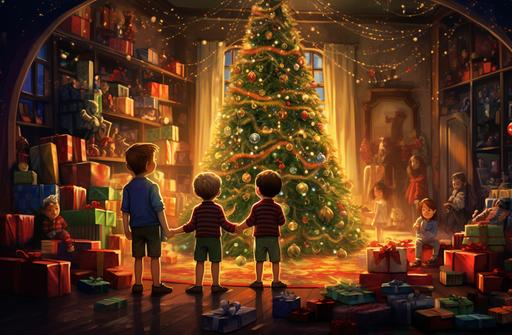 kids in the living room with christmas tree in front, in the style of colorful animation stills, wallpaper, green and brown, yildiray cinar, captivating, cluttered, matti suuronen --ar 26:17