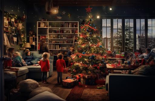 kids in the living room with christmas tree in front, in the style of colorful animation stills, wallpaper, green and brown, yildiray cinar, captivating, cluttered, matti suuronen --ar 26:17