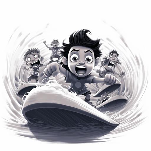 kids riding a wave, on a surfboard, cartoon style, black and white, no shadow, low detail, kid is looking scared