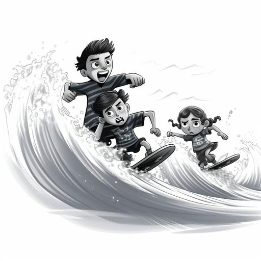 kids riding a wave, on a surfboard, cartoon style, black and white, no shadow, low detail, kid is looking scared