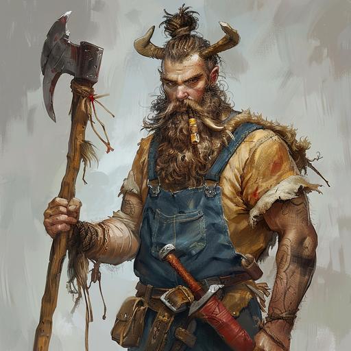 a firbolg race character from dnd. Full beard, shorter guy with overalls. Holding a great battle axe with a bun for hair. Wearing a animal cloak around his neck. full body image.