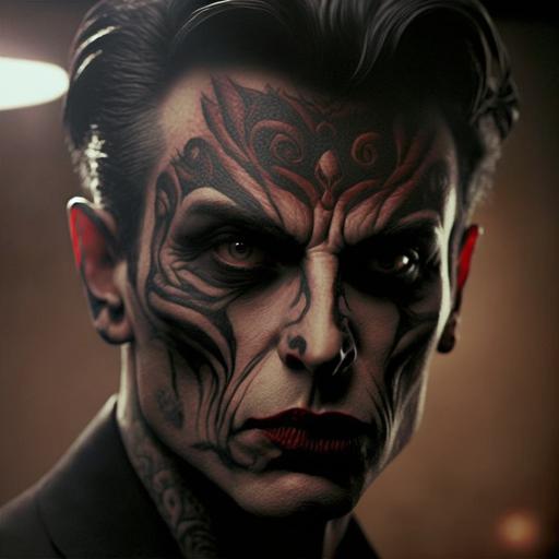 killer, mafia style, italian, devil horn face tattoo, black hair