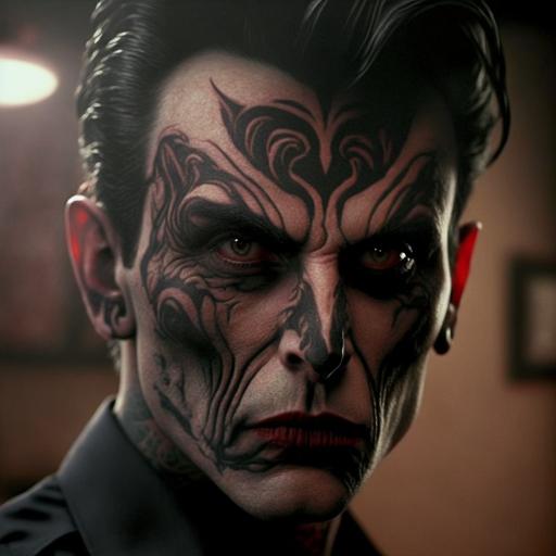 killer, mafia style, italian, devil horn face tattoo, black hair