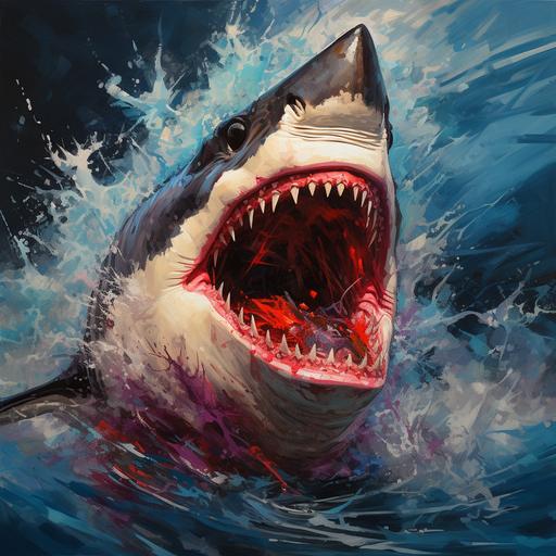 killer shark painting with wide open mouth coming out and splashing waves