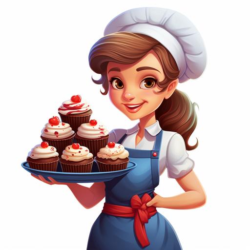 kind female cupcake baker, cartoon style, no background