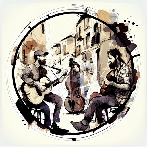 kind street musicians playing musical instruments guitar, bass guitar, piano Lo-Fi illustration for a group in a social network, inside a circle outside of which is a white background