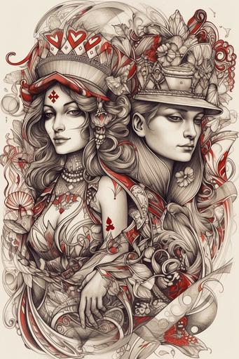 king and queen of hearts tattoo, tattoo sketch, white background --ar 2:3 --v 5 --s 750