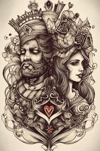king and queen of hearts tattoo, tattoo sketch, white background --ar 2:3 --v 5 --s 750